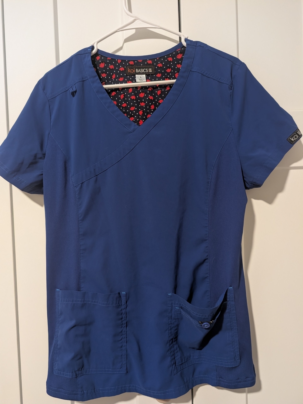 koi Basics Royal Blue V-neck Medical Scrub Top with Cherry Print Lining